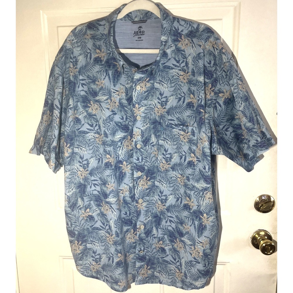 IZOD Saltwater Men's 2XB Blue Hawaiian Tropical Short Sleeve‎ Button Up Shirt